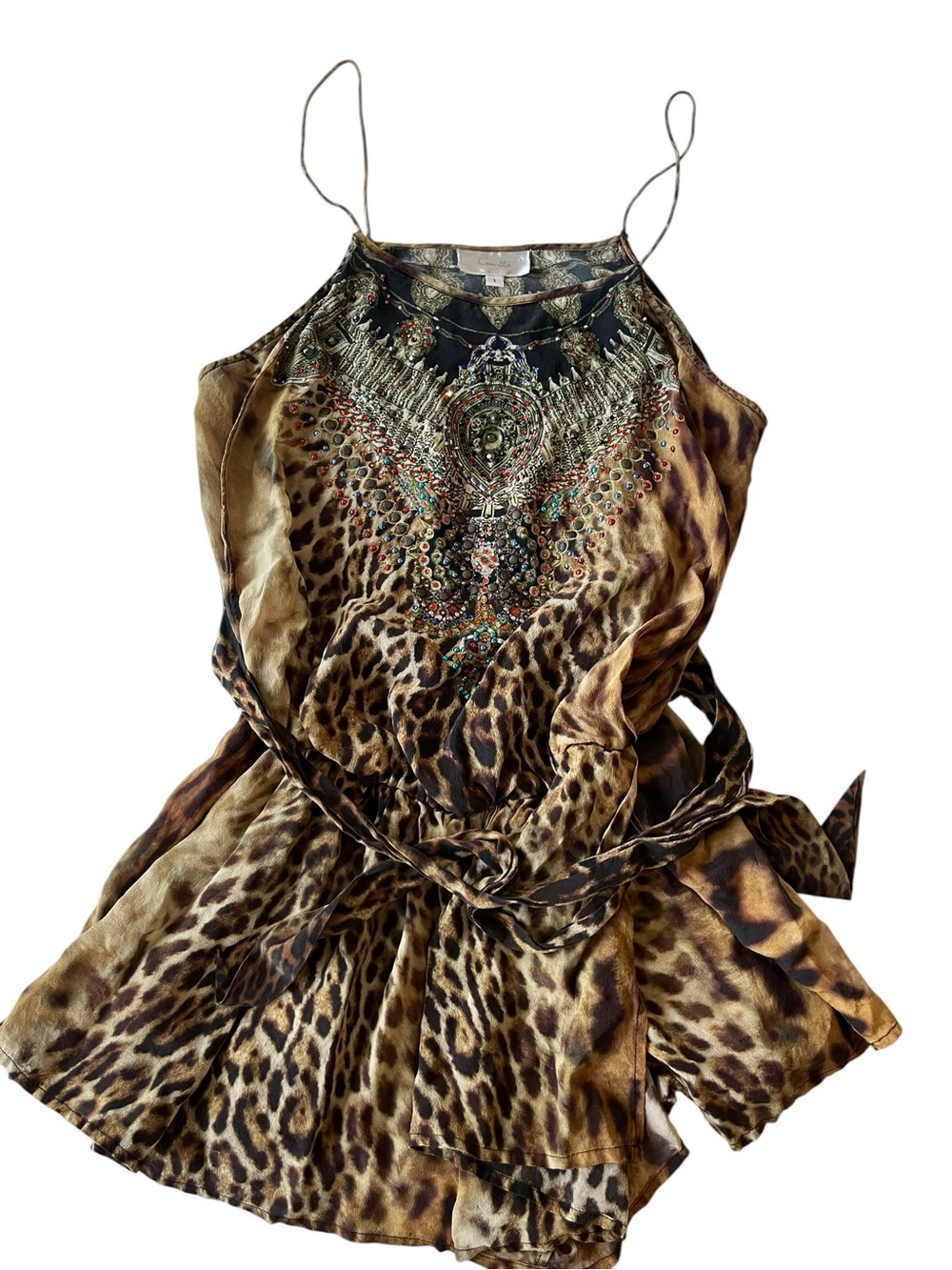 Camilla Leopard Print Silk embellished rhinestone Romper Playsuit in Brown & Tan - Picture 2 of 16